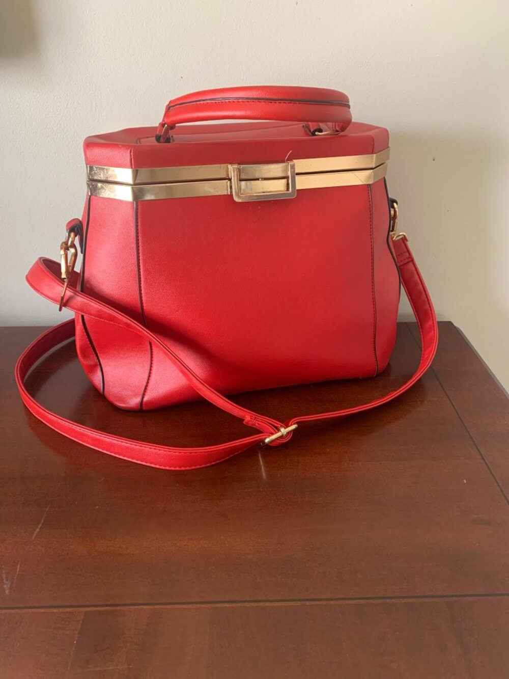 Red Structured Frame Satchel Top Handle Shoulder Bag